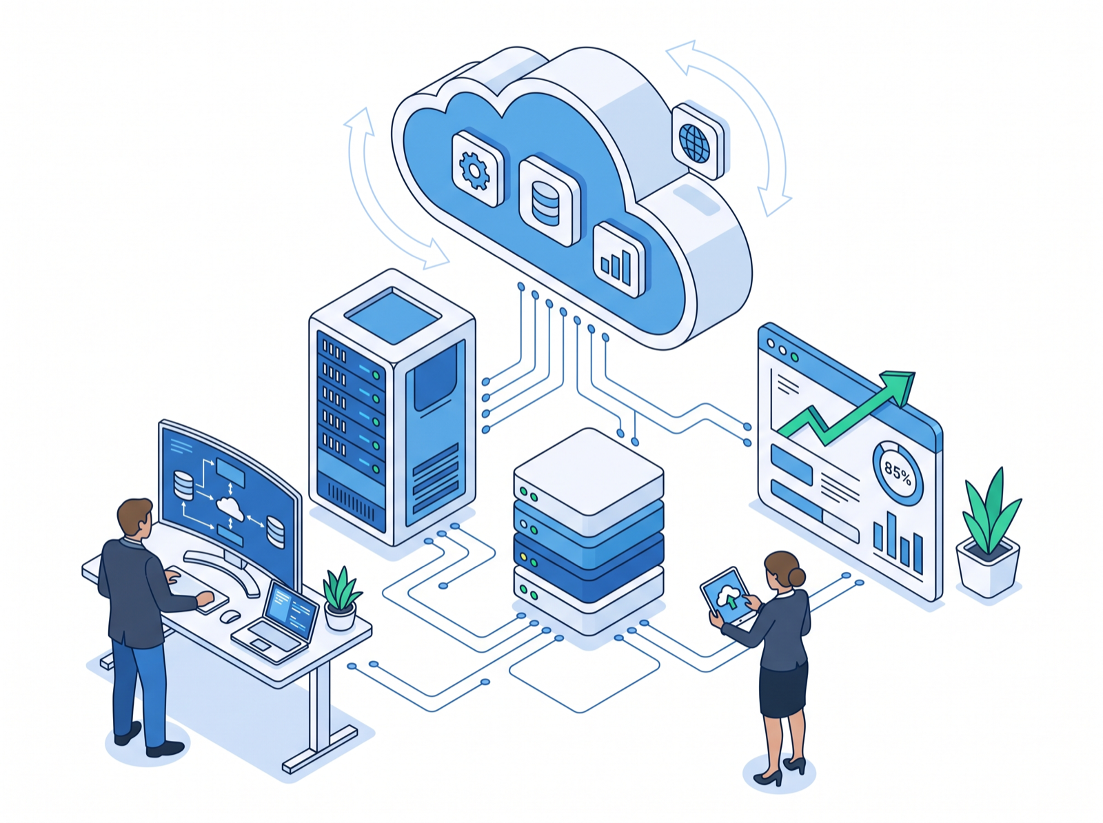 Illustration of Azure cloud infrastructure with servers, VM stacks, and a cost-optimisation dashboard