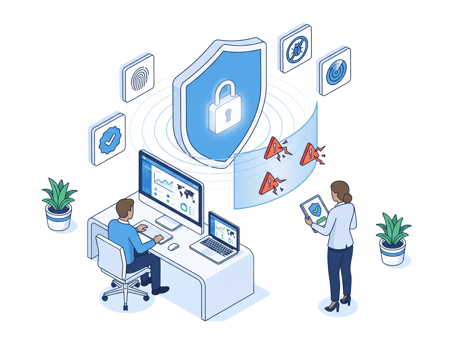 Illustration of a security analyst monitoring threats blocked by Microsoft Defender and Sentinel