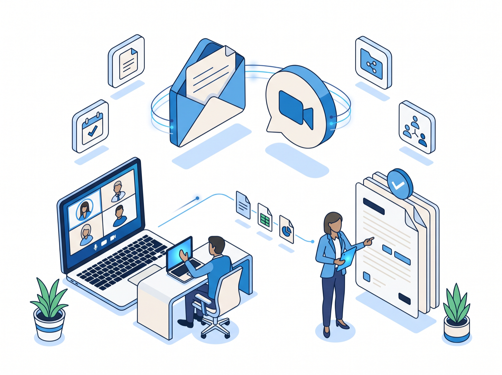 Illustration of Microsoft 365 collaboration: email, Teams video calls, and shared documents