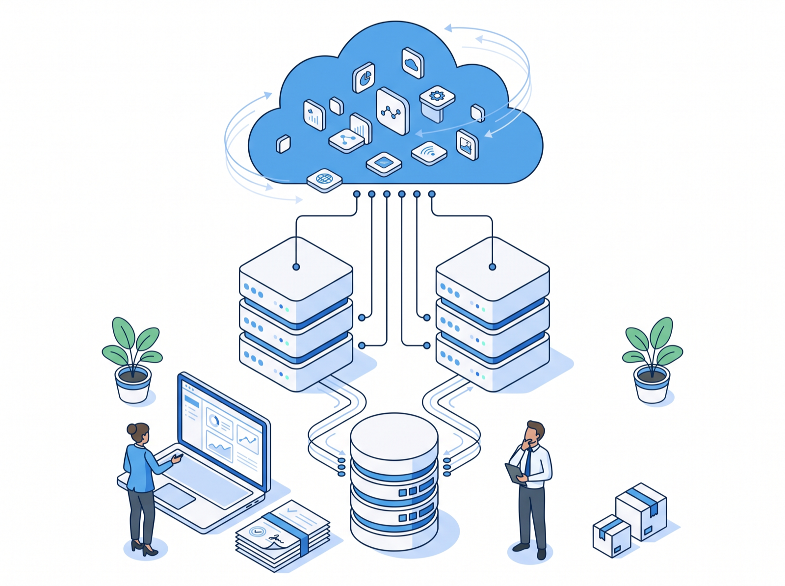 Illustration of on-premises servers and data migrating into the Microsoft cloud