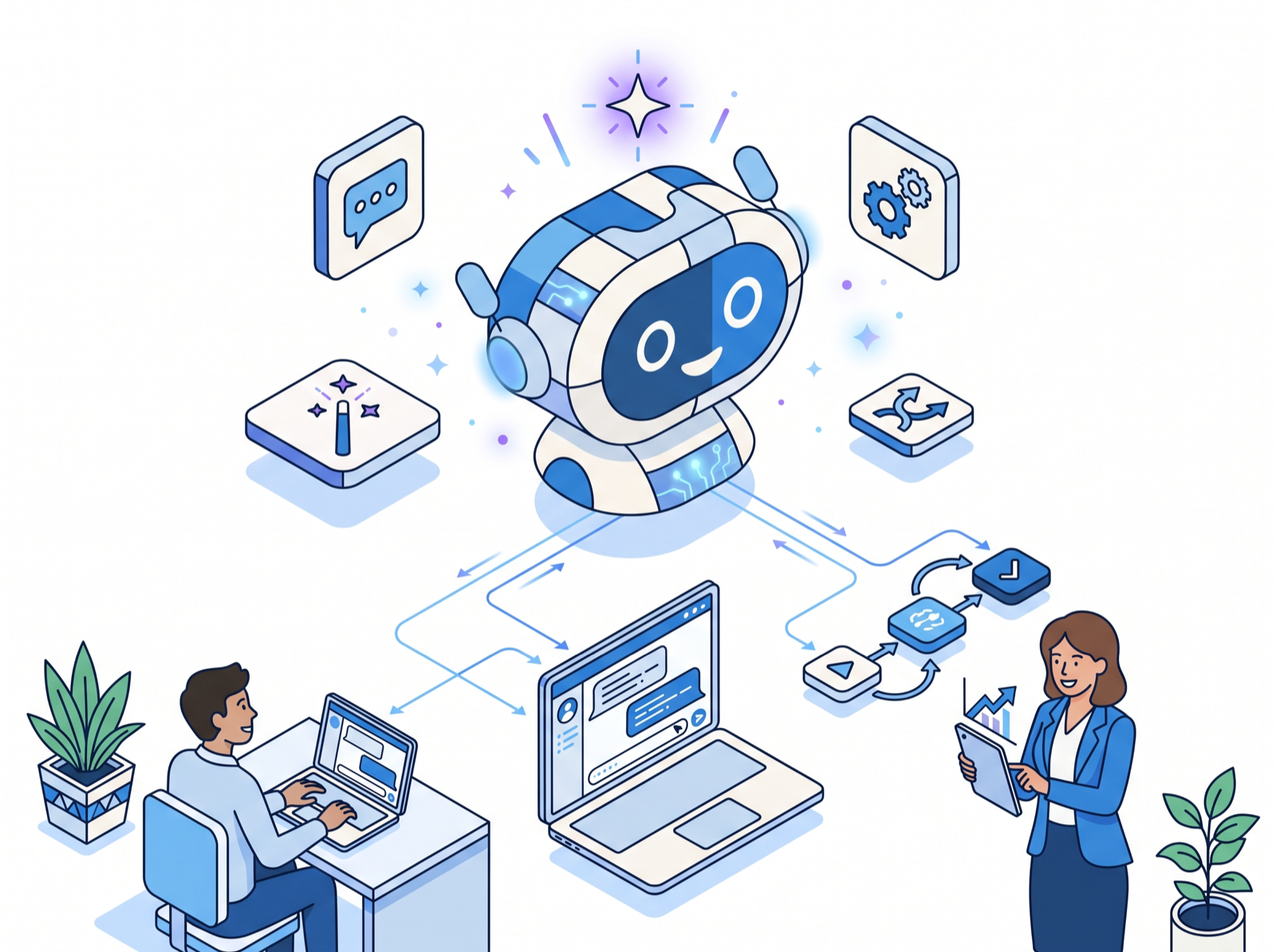 Illustration of a Microsoft Copilot AI assistant connected to automated workflows and business dashboards